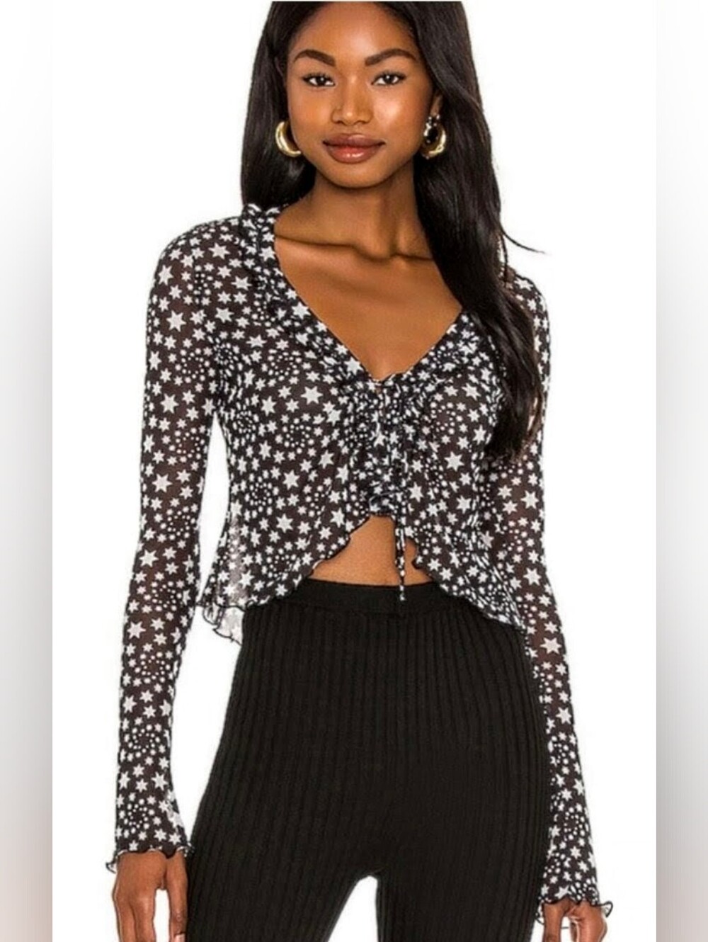Free People Marne Celestial Star Print Sheer Mesh Tie Front Crop Top/Cardigan XS - Picture 2 of 12